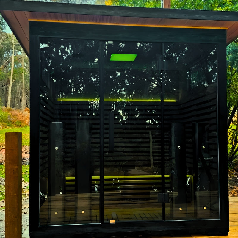 Innerlight 4 person full spectrum infrared outdoor sauna on lagoon deck