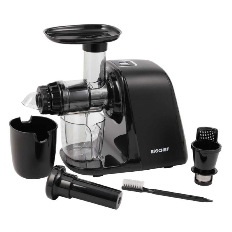 BioChef Axis Compact Cold Press Juicer black and its accessories
