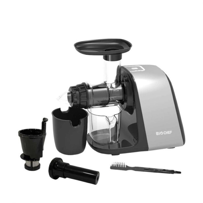 BioChef Axis Compact Cold Press Juicer silver and its accessories