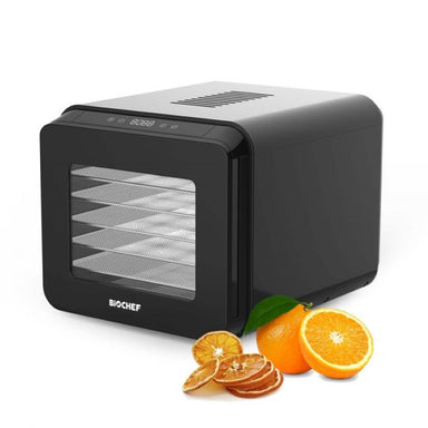 BioChef Tanami 6 Tray Dehydrator side view and dehydrated and fresh oranges at the side