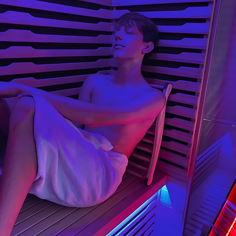 man sitting in a Innerlight 4 Person Full Spectrum Infrared Sauna with the Blue light on