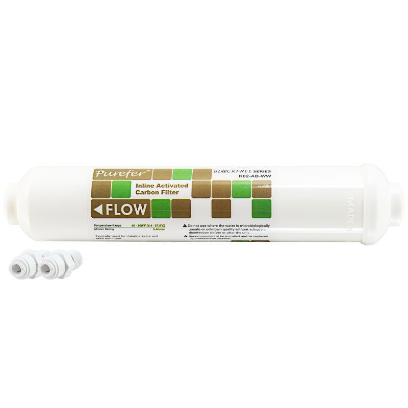 Purefer 10" Inline Acid Washed Carbon 2in1 BLOCKFREE Filter 1/4" Ports + Fittings (GT6-21S)