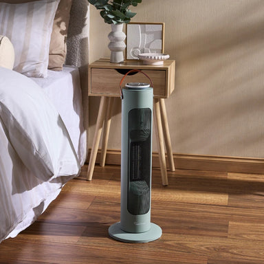 Matte Sage Ausclimate Smart Tower Heater in the bedroom