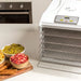 white BioChef Arizona Sol 6 Tray Food Dehydrator with its door open and dehydrated fruits on the side