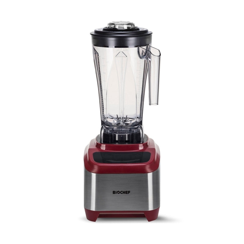 A red BioChef Atlas Power Blender frontal view.