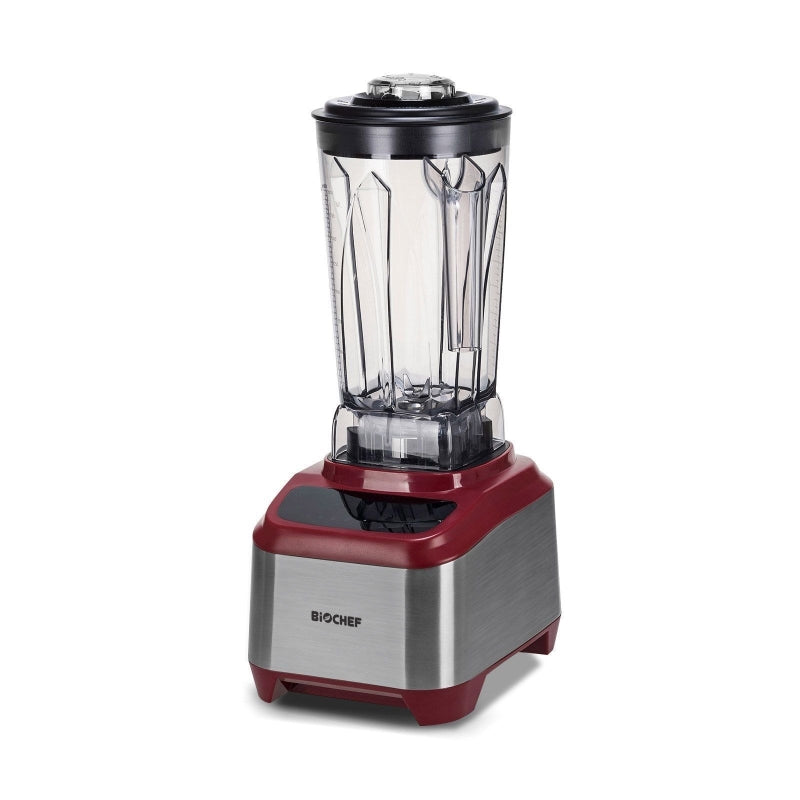 A red BioChef Atlas Power Blender side angle view.