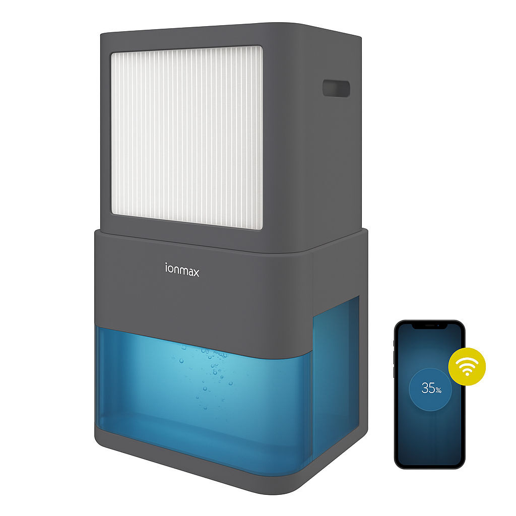 ionmax dehumidifier / air purifier with smartphone app on a white background