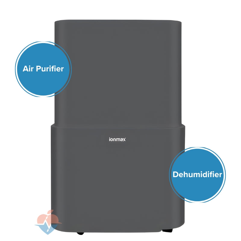 Gray air purifier and dehumidifier with 'ionmax' branding on a white background