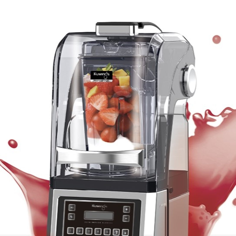 Chopped strawberries and mangoes inside of the Kuvings CB1000 Commercial Vacuum Blender