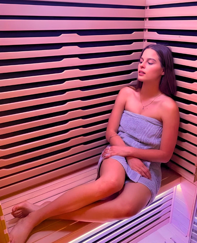 lady enjoying using the Innerlight 2 person full spectrum infrared sauna 